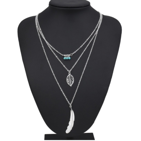 Boho Turquoise Leaf Feather Layered Necklace (#2) - Picture 9 of 13